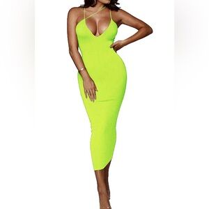 NWT Neon Green Asymmetrical Spaghetti Strap Deep V Bodycon Midi Dress - Small